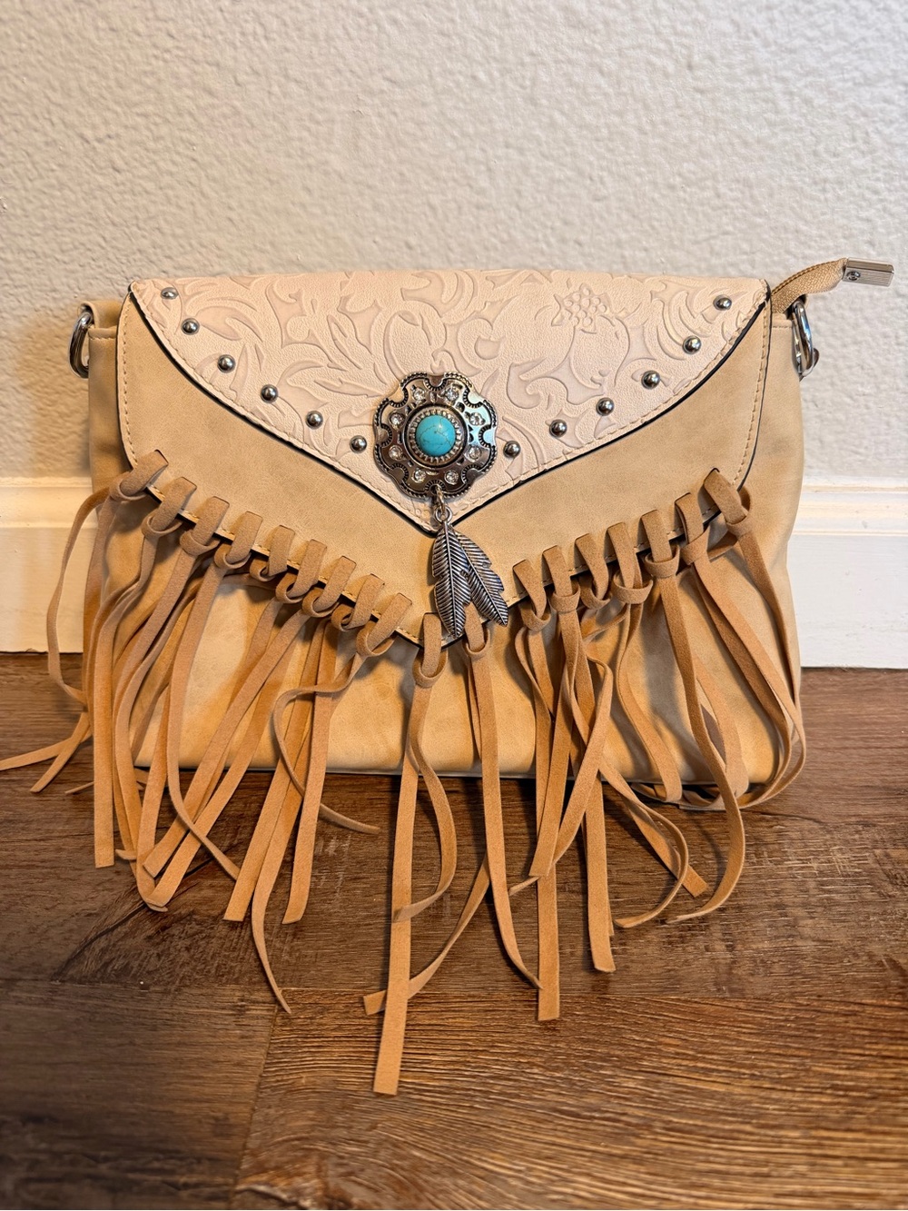 Beige Fringe Crossbody Bag with Turquoise Concho